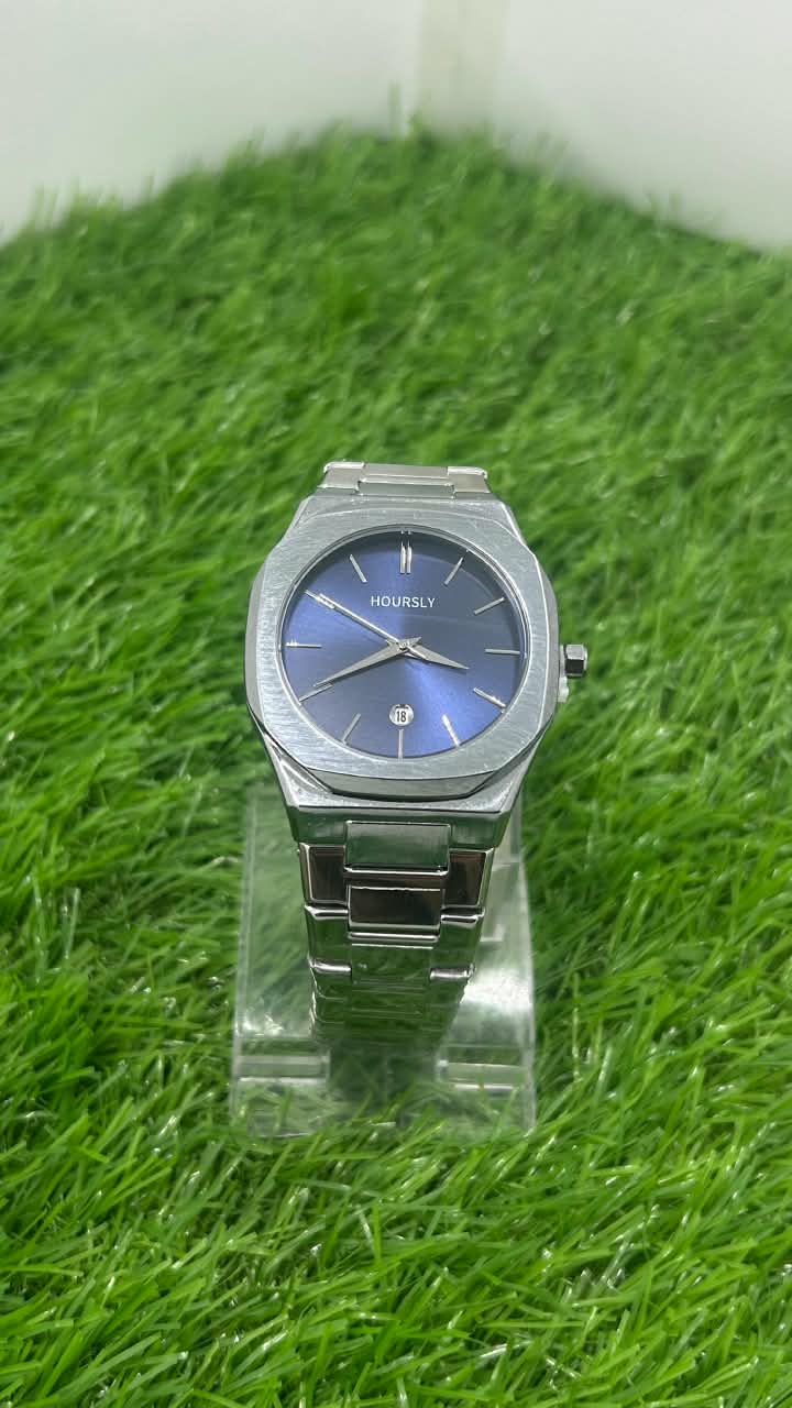 Hoursly Blue Dial Stainless Steel Men's Watch with Date